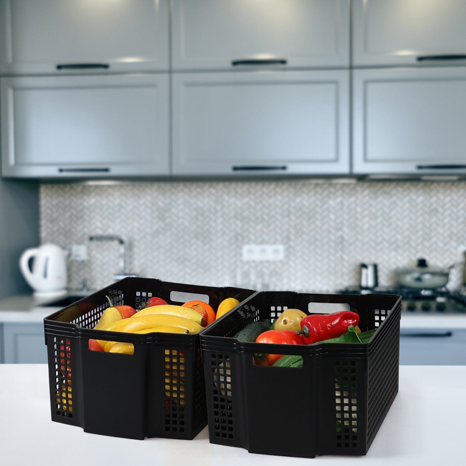 Fabnati Black Large Shelf Storage Basket, 6 Pack Stackable Plastic Organizing Basket Bin