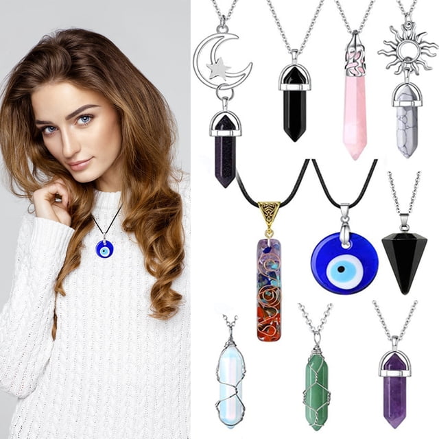 Lieonvis Juego de 10 Collares de Cristal, Collar con Colgante de Cristal, Collar de Mal de Ojo, Joyería de Sol y Luna de Moda Vintage, Collar de Cornalina con Corazón de Obsidiana y Cuarzo Rosa de Cristal de Amatista para Mujer y Niña