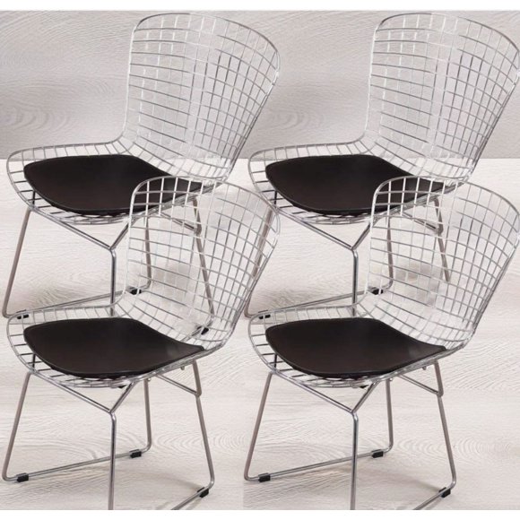 Chaise de Salle à Manger style Bertoia Drake avec Coussin Noir - Ensemble de 4