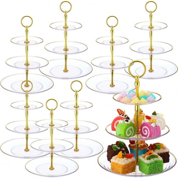 8 Pack 3 Tier Cupcake Stand Bulk Tiered Dessert Stand Thick Plastic Serving Tray With Gold Edges Dessert Table Display Set Tea Cake Holder For Wedding Birthday Party Clear
