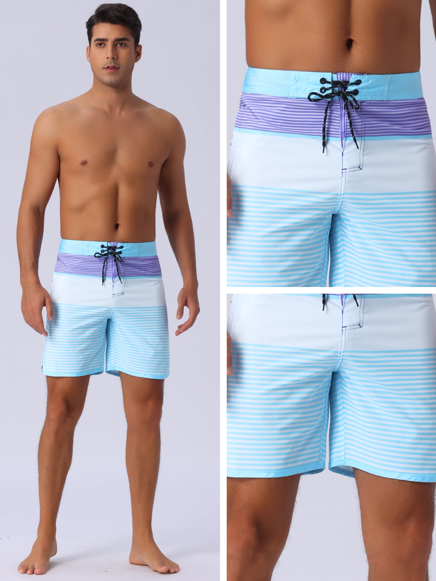 DARING DIVA Men's Color Block Drawstring Waist Pool Beach Striped Swimming Shorts 28 Sky Blue