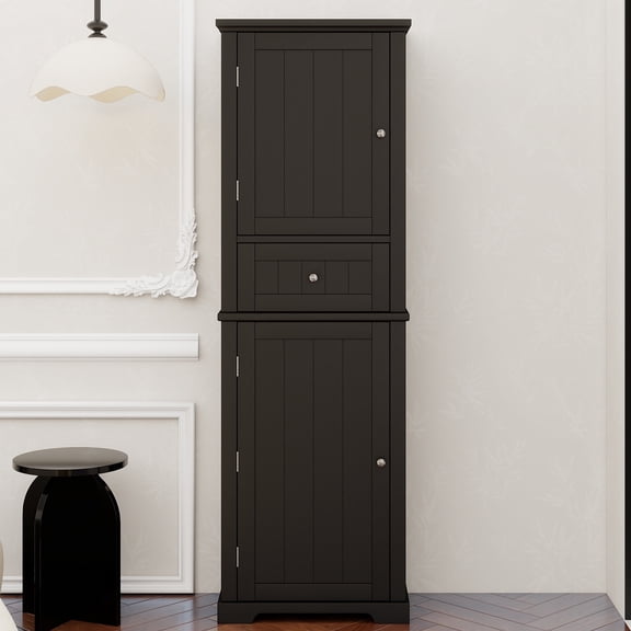 Tall Bathroom Storage Cabinet, Freestanding Storage Cabinet with Drawer and Adjustable Shelf, MDF Board with Painted Finish, Black