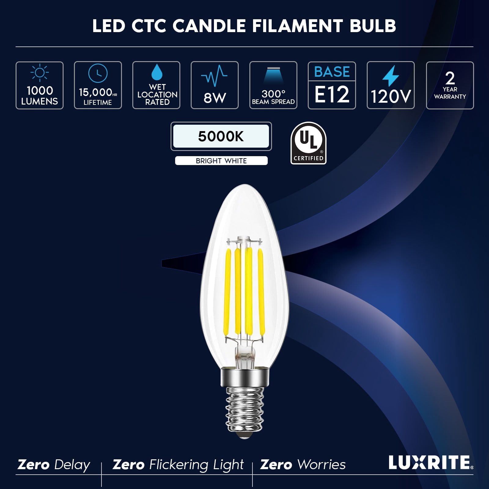 Luxrite LED E12 Candelabra Bulb 8W=75W, 1000 Lumens, 5000K Bright White, Dimmable, Enclosed Fixture & Wet Rated 24 Pack