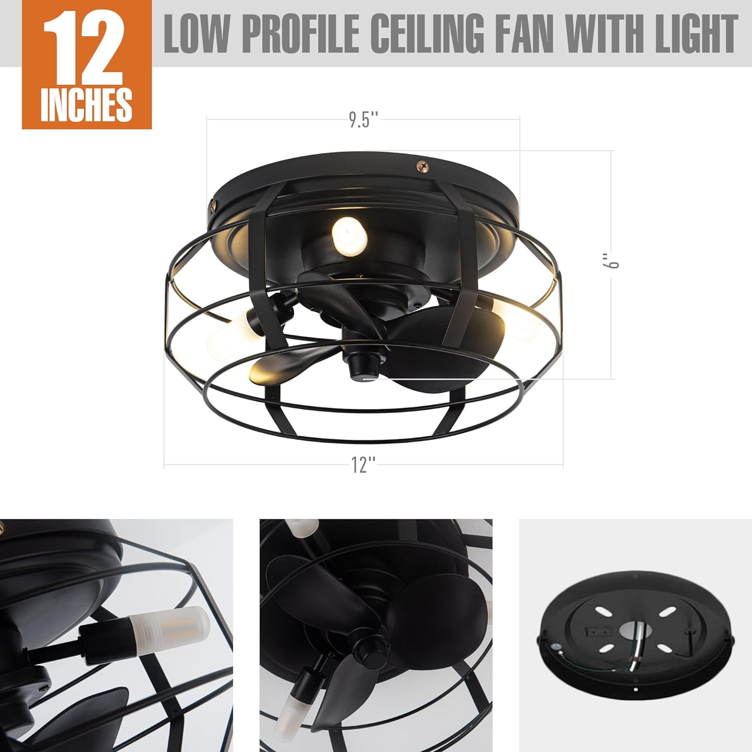 Parrot Uncle Ceiling Fan with Lights and Remote 12 inch Small Black Ceiling fan with 3 Blades and 3 Lights, Included 3 Bulbs