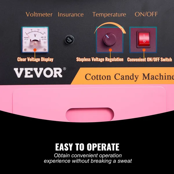 Commercial 1000W Electric Cotton Candy Machine with Cart Stainless Steel Bowl Sugar Scoop Drawer for Home Kids Birthday Family Party Pink