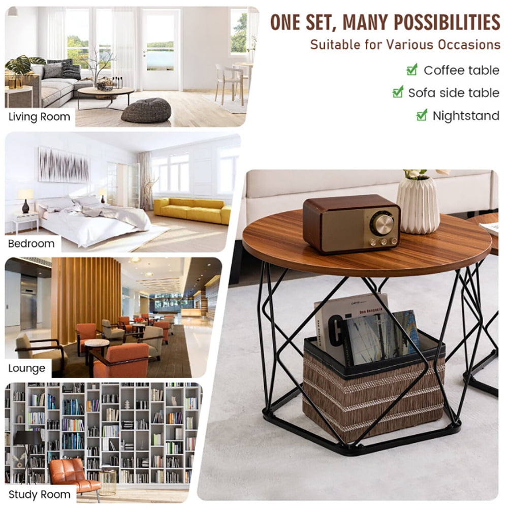 Finihen Coffee Table, Round Coffee Table, Set of 2 Modern Round Coffee Table with Pentagonal Steel Base, for Living Room, Reception Room, Rustic Brown Finihen Coffee Table, Round Coffee Table, Set of 2 Modern Round Coffee Table with Pentagonal Steel Base, for Living Room, Reception Room, Rustic Brown