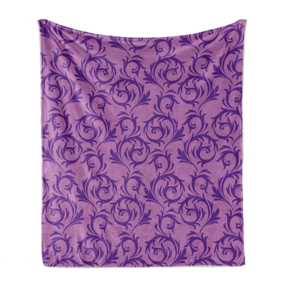 Vintage Soft Flannel Fleece Throw Blanket, Rococo Style Scroll Pattern with Rich Curls of Antique Foliage Motifs, Cozy Plush for Indoor and Outdoor Use, 50" x 70", Dried Rose and Violet, by Ambesonne