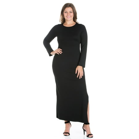 Women's Plus Size Long Sleeve Round Neck Maxi Dress with Side