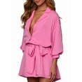 thumbnail image 3 of Women'S Collar V Neck Button Down Pleated 3/4 Sleeve Mini Shirt Dress with Belt Rose Red L, 3 of 9