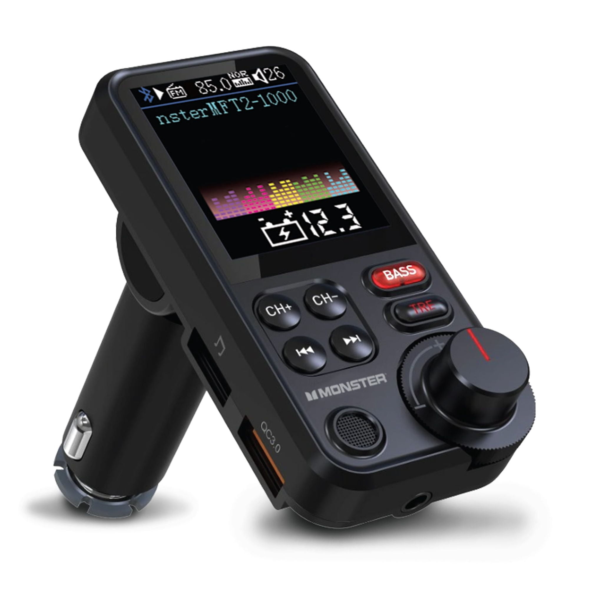 Monster 18W Bluetooth FM Transmitter with QC 3.0 Fast Charging, Hands-Free Calls, Adjustable Equalizer, Large LCD Color Screen, USB/SD/Aux Audio Playback