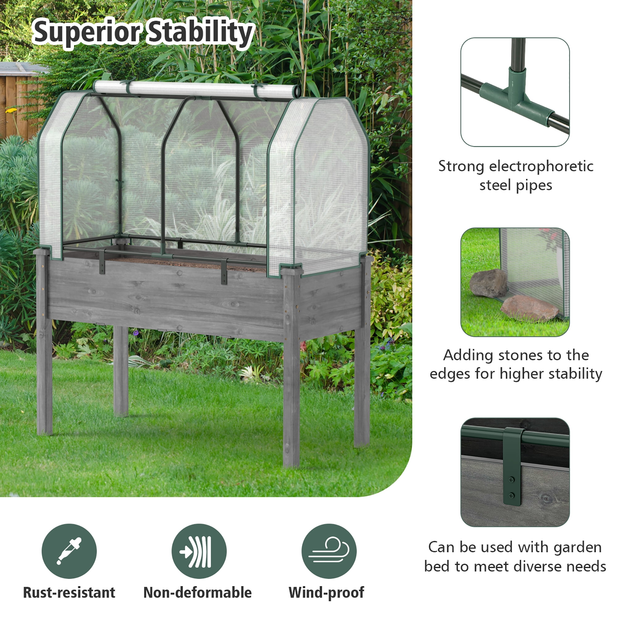 Costway Raised Garden Bed with Dual Zipper Door Greenhouse for Patios and Backyards Grey