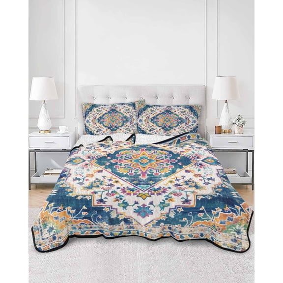 Quilts Queen Size, Navy Blue Yellow Soft Comforter Bedding Set for Bed, Boho Southwestern Ethnic Mexican Flowers Lightweight Quilted Bedspread with Pillow Cover(2 Pieces) for All Season, 90x96 Inch
