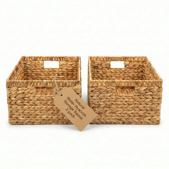 DEILSY Natural Water Hyacinth Wicker Storage Basket with Built-in Handles, Decorative Woven Storage Basket, Handwoven Wicker Basket for Pantry, Shelves, Closet & Home Organization - 2 Pack