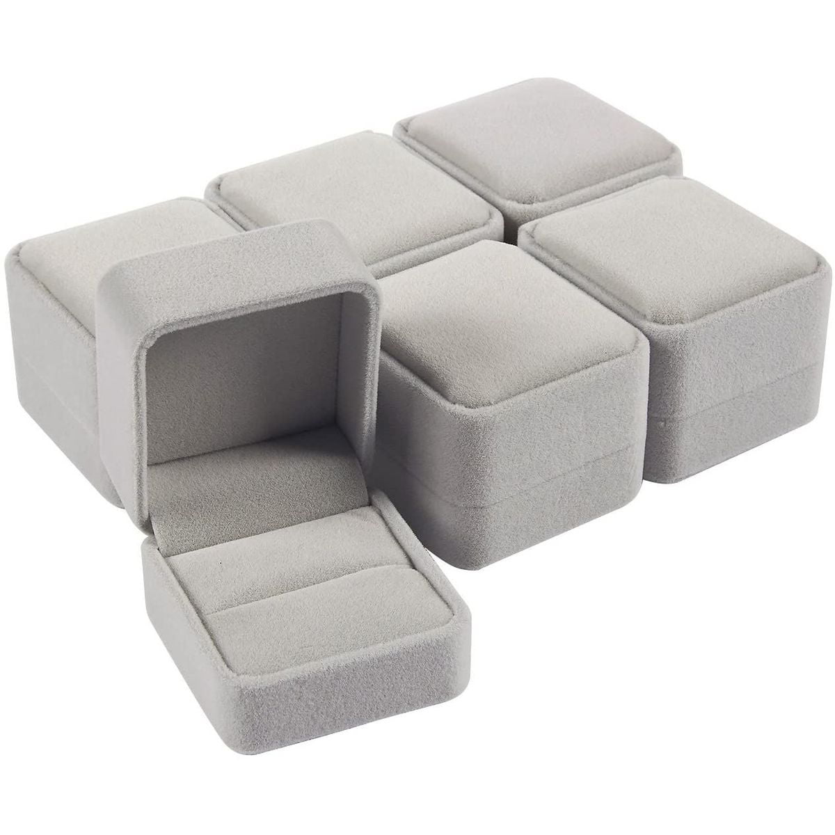 6 Pack Gray Velvet Ring Bearer Box Set for Wedding Ceremony, Proposal Engagement Jewelry Gift Cases Ring, 2.5 x 1.7 x 2.2 in