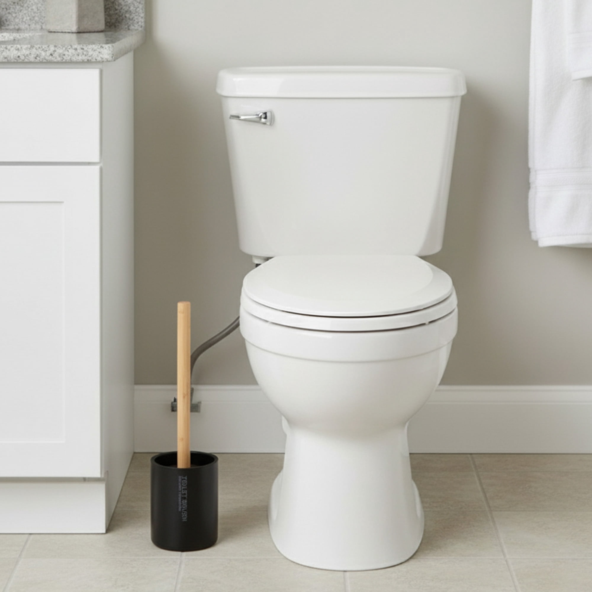 Sleek Matte Black Toilet Brush Holder with Bamboo Handle - Polyresin Bathroom Cleaning Tool Set