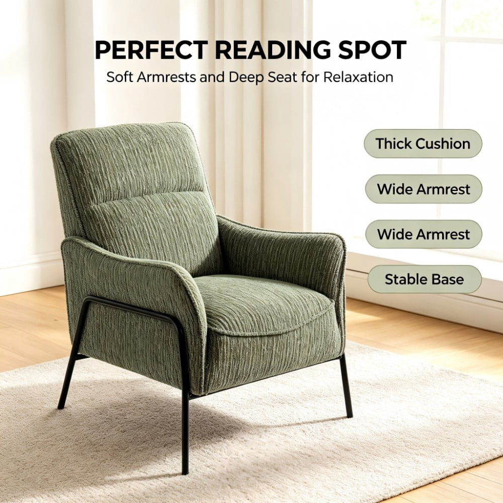 Modern Striped Accent Chair, Upholstered Armchair with Black Metal Frame, Padded Lounge & Reading Chair with Lumbar Pillow for Living Room, Bedroom & Office, Green