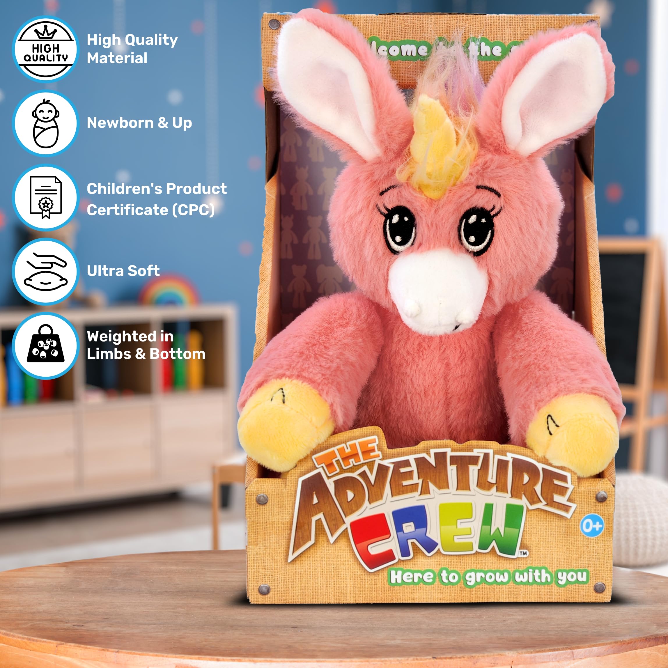 The Adventure Crew Gemma the Unicorn Plush Comfort / Activity Toy for Newborn and Up | Ultra-Soft, 11.5" Compact Size with Weighted Limbs | Interactive Companion for Early Learning