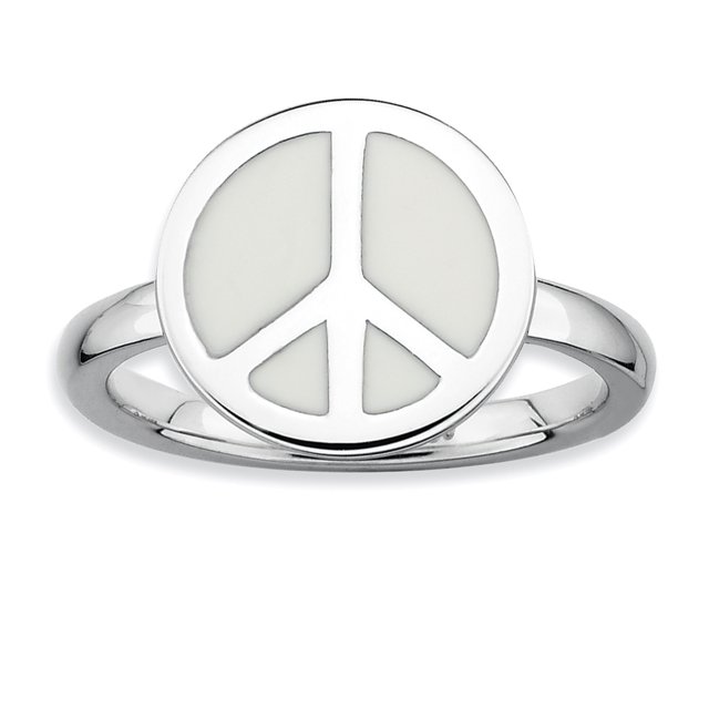 SS Stackable Expressions Polished White Enameled Peace Sign Ring Size 7