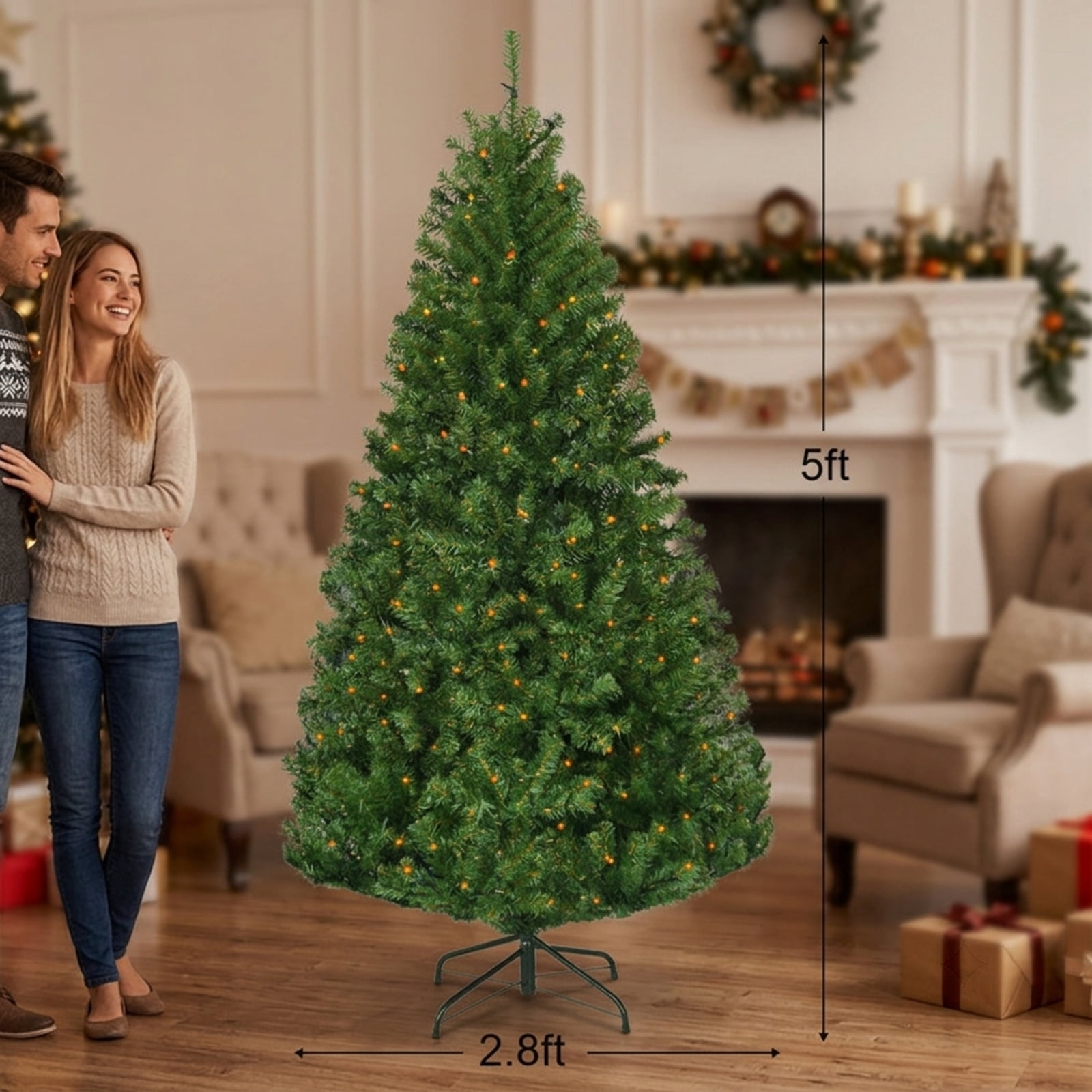 RUIE, 5 ft, Pre-Lit Artificial Christmas Tree, Artificial Tree, 600 Branch Tips, Green, Hinged Branches for Christmas Party Living Room Decor