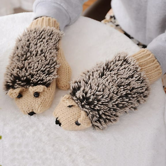Beige Gloves Mittens for Women Men Knitted Warm Cartoon Hedgehog Winter Fleece Cotton Thick Gloves