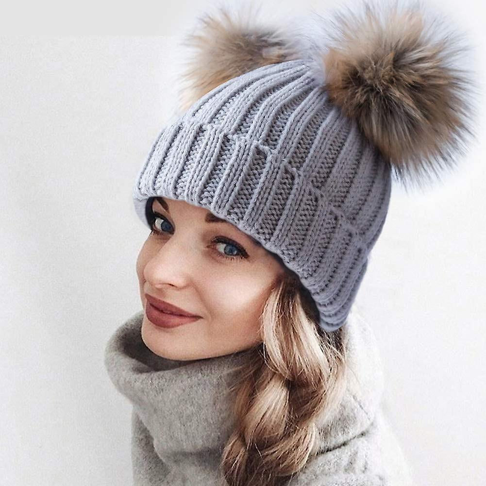 Womens Winter Double Pom Pom Beanie Fleece Lined Bobble Hat
