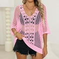 thumbnail image 2 of ZyeKqe Womens Crochet Tops Half Sleeve Sweaters Hollow out V Neck Knit Tops Summer Beach Cover Ups Swimming Suits, 2 of 6