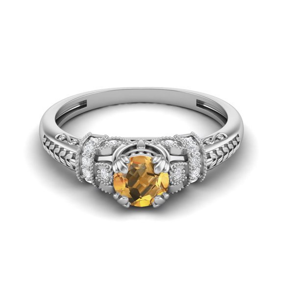 5 MM Round Shape Natural Citrine 925 Silver Blossom Design Women Valentines Day Gifts Ring