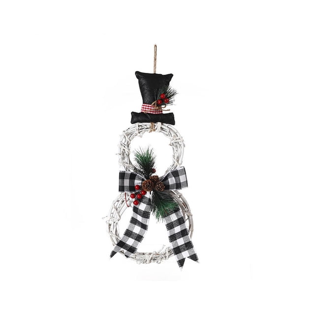 Decoración de Navidad Bewildely hecha a mano de ratán a cuadros círculo muñeco de nieve guirnalda colgante hogar puerta chimenea adornos color Negro