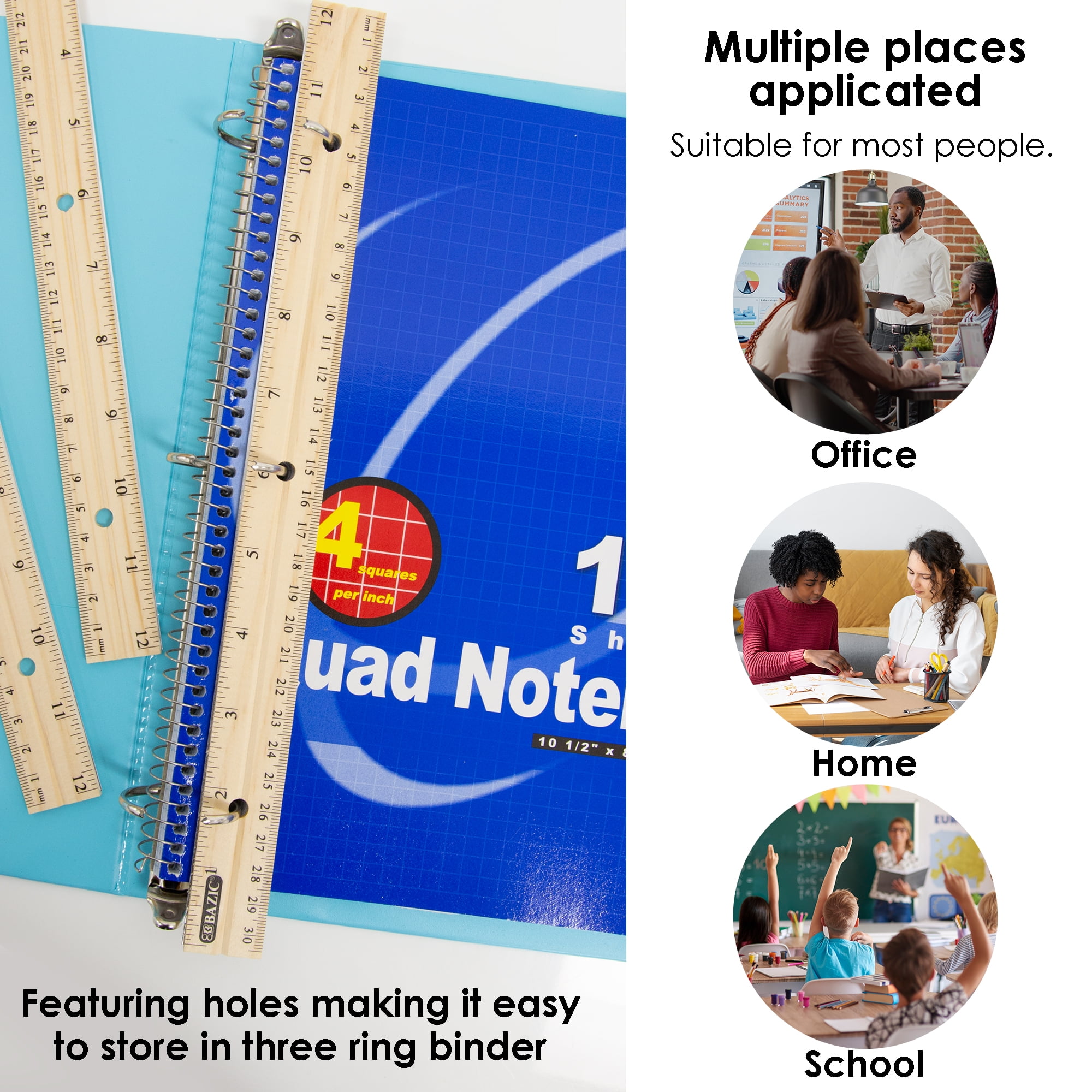 BAZIC Wooden Ruler 12" (30cm), Singel Metal Edge, School Supplies, 24-Pack