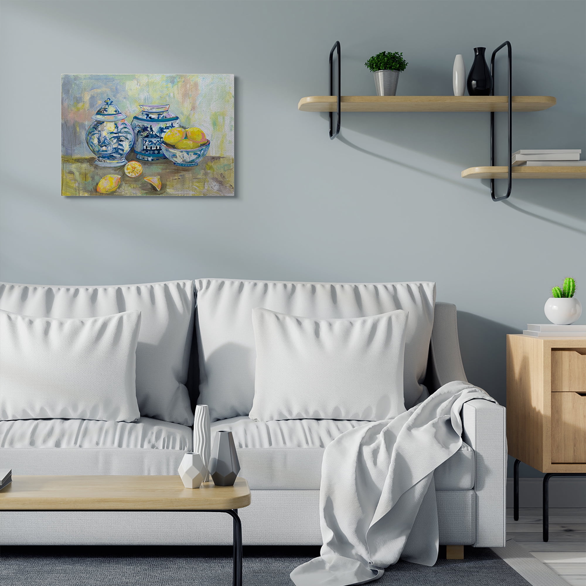 Stupell Industries Lemons and Pottery Yellow Blue Classical Painting Canvas Wall Art by Jeanette Vertentes, 24" x 30"