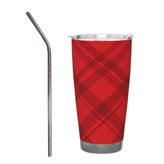 20oz Red Plaid Tumbler Insulated Car Cup Classic Tartan Travel Coffee Cup Gift with Stainless Steel Straw