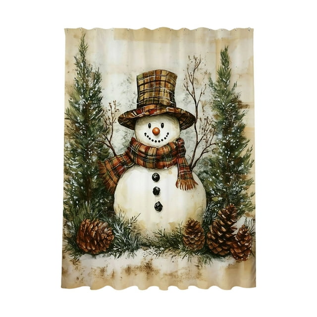 Rideau de Douche Bonhomme de Neige de Noël 70.86X59.05 Pouces Imperméable Décoration de Salle de Bain avec Boules Rouges Argentées Branches de Pin Baies