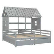Twin Wood House Double Platform Beds with for Kids, Gray