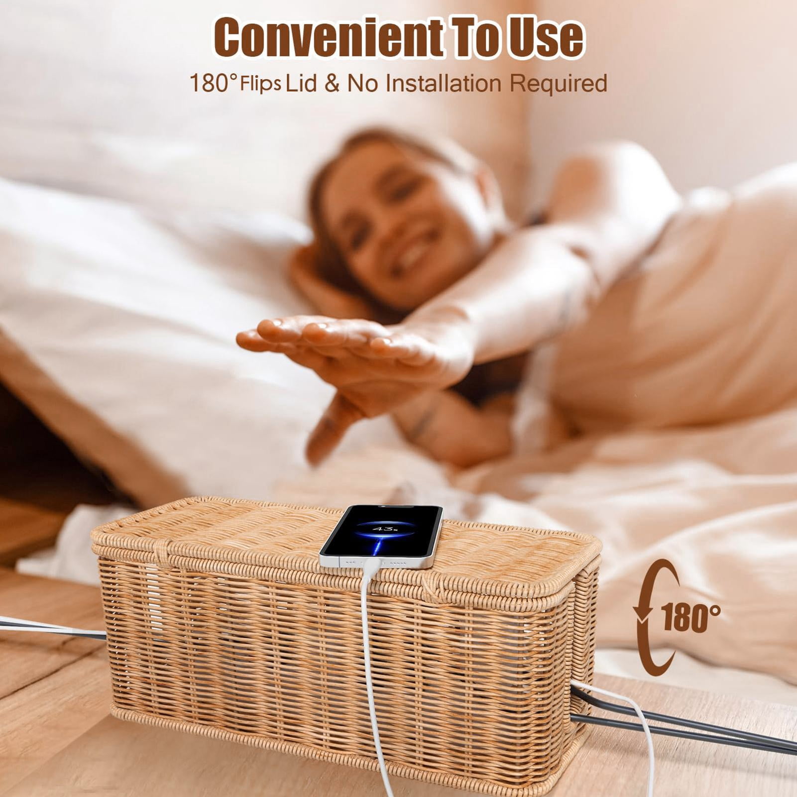 Yesbay Rattan Cable Management Box Handwoven Cord Organizer Basket with 2 Slots Power Cords Hidden Box