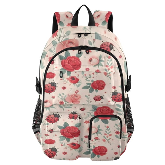 DIXRUYEE Pink-back Red Rose Backpack for School 14”Laptop Compatible with Reflective Safety Strips