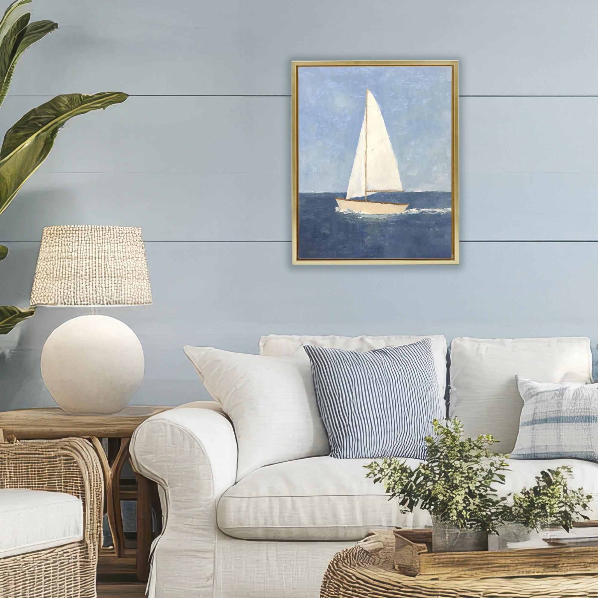 Stupell Industries Deep Blue Sail at Sea Gold Framed Floater Canvas Wall Art, design by Creative Studio