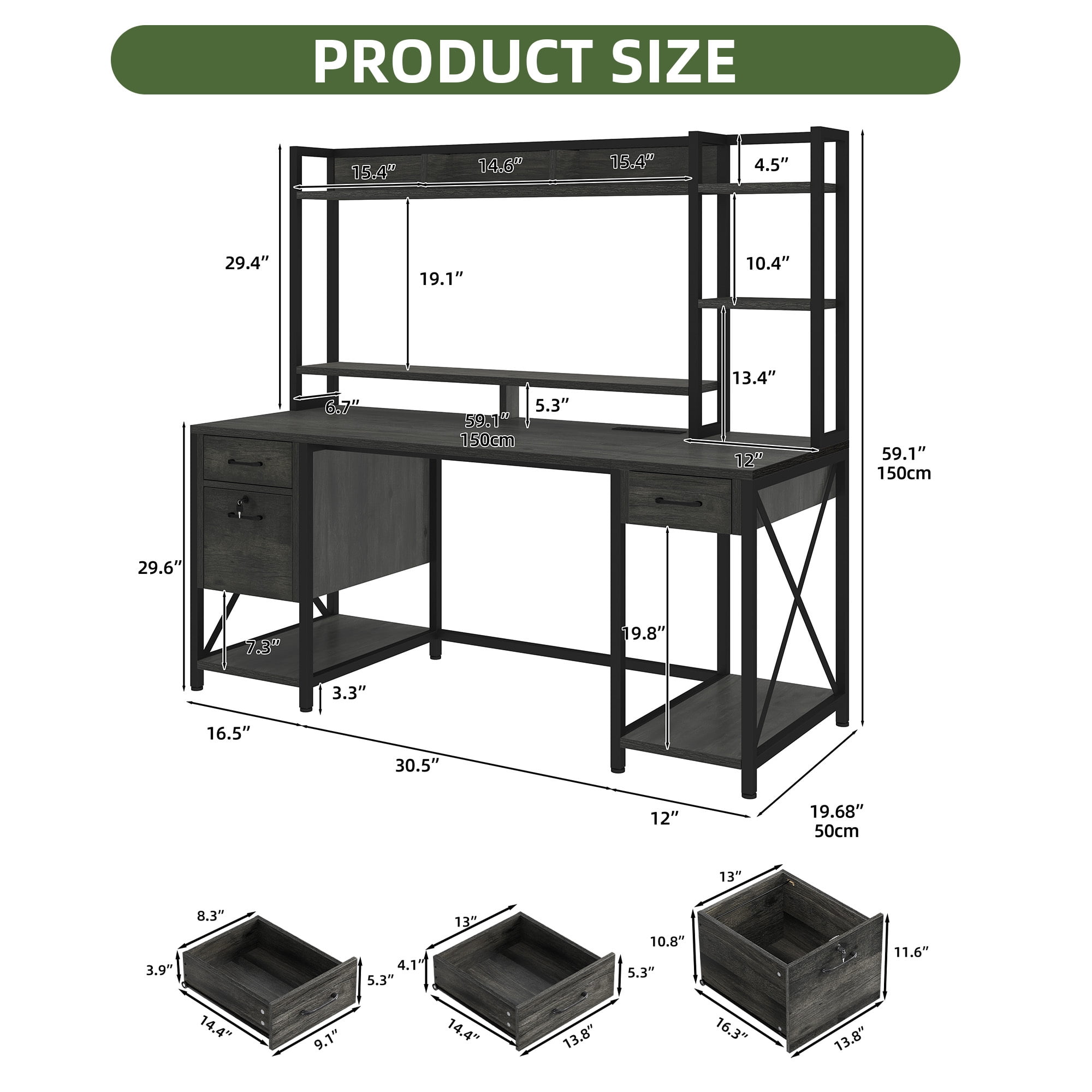 Uforic 59.1 Inch Rustic Brown Computer Desk with Hutch & Drawers with RGB LED Light Strip Multi-Shelf Storage with Sturdy Metal Frame, Gray