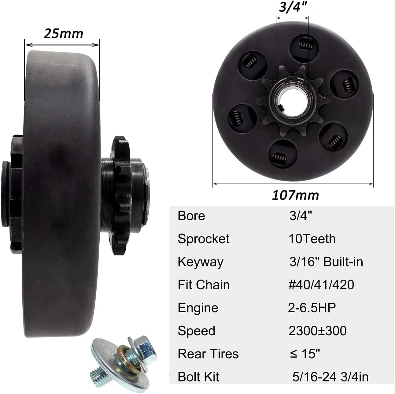 FDJ Centrifugal Clutch 3/4 10 Tooth 212cc Predator Engine Go Kart Clutch  with Bolt and Washer Kit