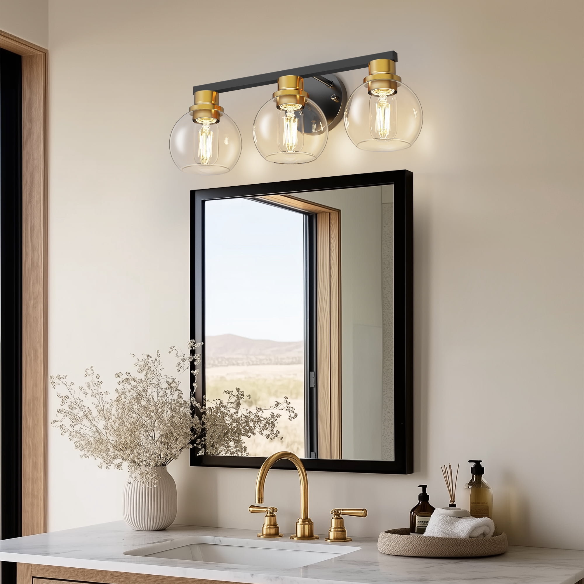 YANSUN 18.9 in 3-Light Black and Gold Bathroom Vanity Light, LED Interior Powder Room Lighting with Clear Globe Shades, for Bathroom, Powder Room, Vanity Table