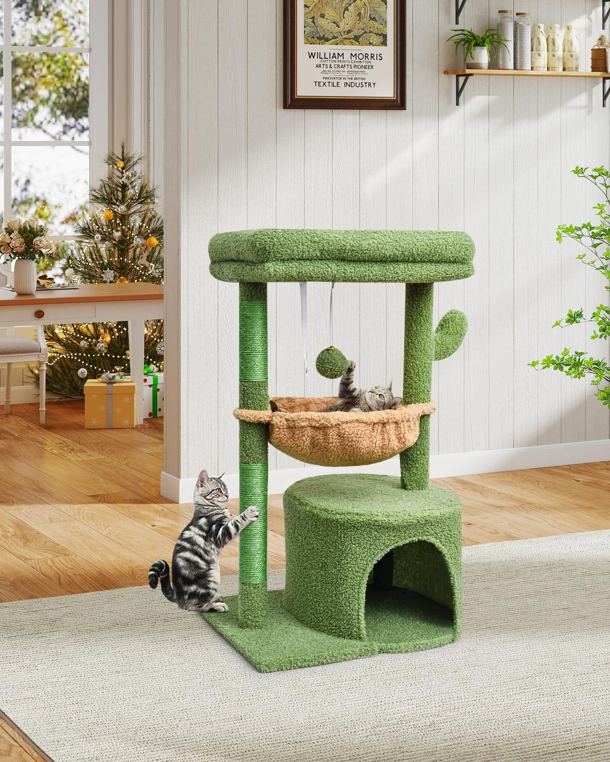 Cactus Cat Tree for Indoor Cats, Green Activity Cat Tower with Scratching Post for Kittens, Modern Cat Furniture with Basket & Hanging Ball for Play Rest