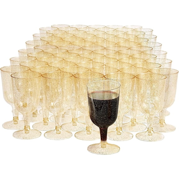 Matana 6 oz Gold Glitter Elegant Sturdy Reusable Plastic Goblets Wine Glasses Set of 100