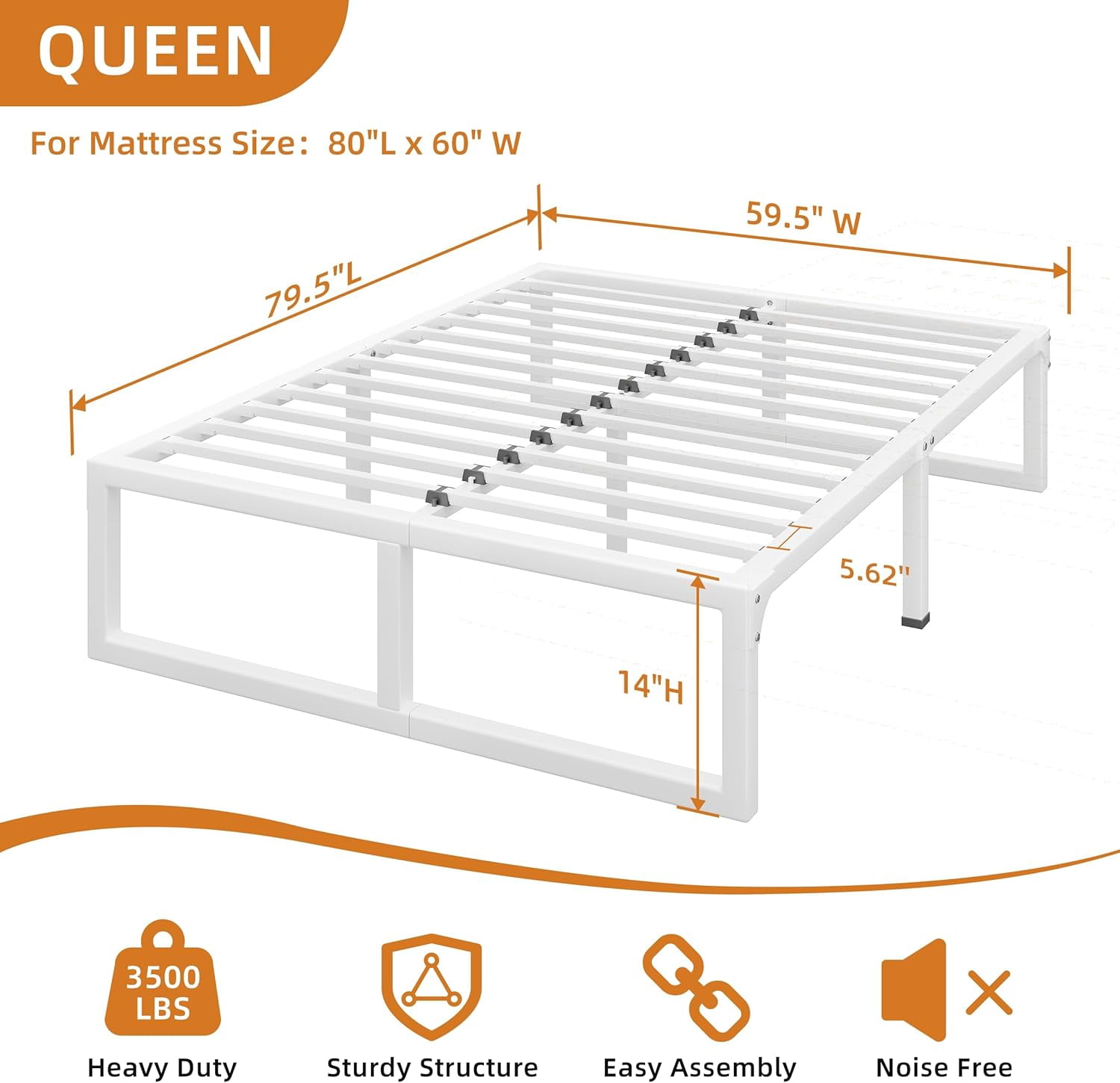 14-Inch White Queen Size Metal Platform Bed Frame with Squeak-Free U-Slot Design, 3500 lbs Capacity, Under Bed Storage