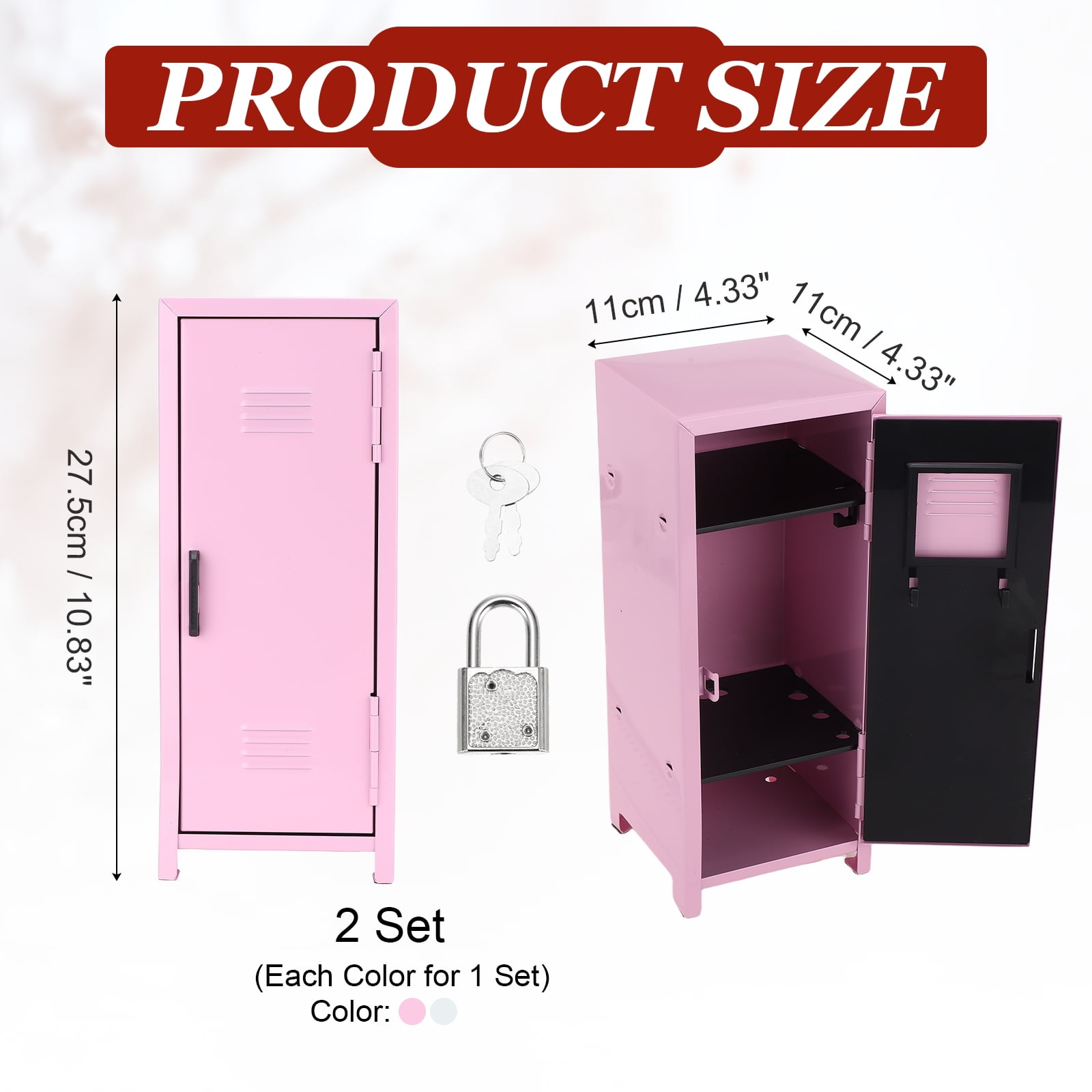 Mini Locker 4.3 x 10.8 Inch, 2 Pcs Small Locker with Lock Keys, Metal Money Safe Storage Box for Desk Bedroom, Light Pink/White