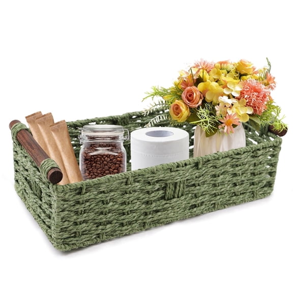Paper Rope Small Toilet Paper Storage Basket with Handle for Bathroom, Green