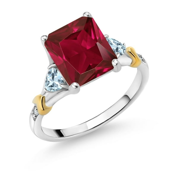Gem Stone King 925 Silver and 10K Yellow Gold Red Created Ruby and Sky Blue Aquamarine and Diamond Engagement Ring for Women (4.16 Cttw, Emerald Cut 10X8MM, Trillion 3.5MM, Size 6)