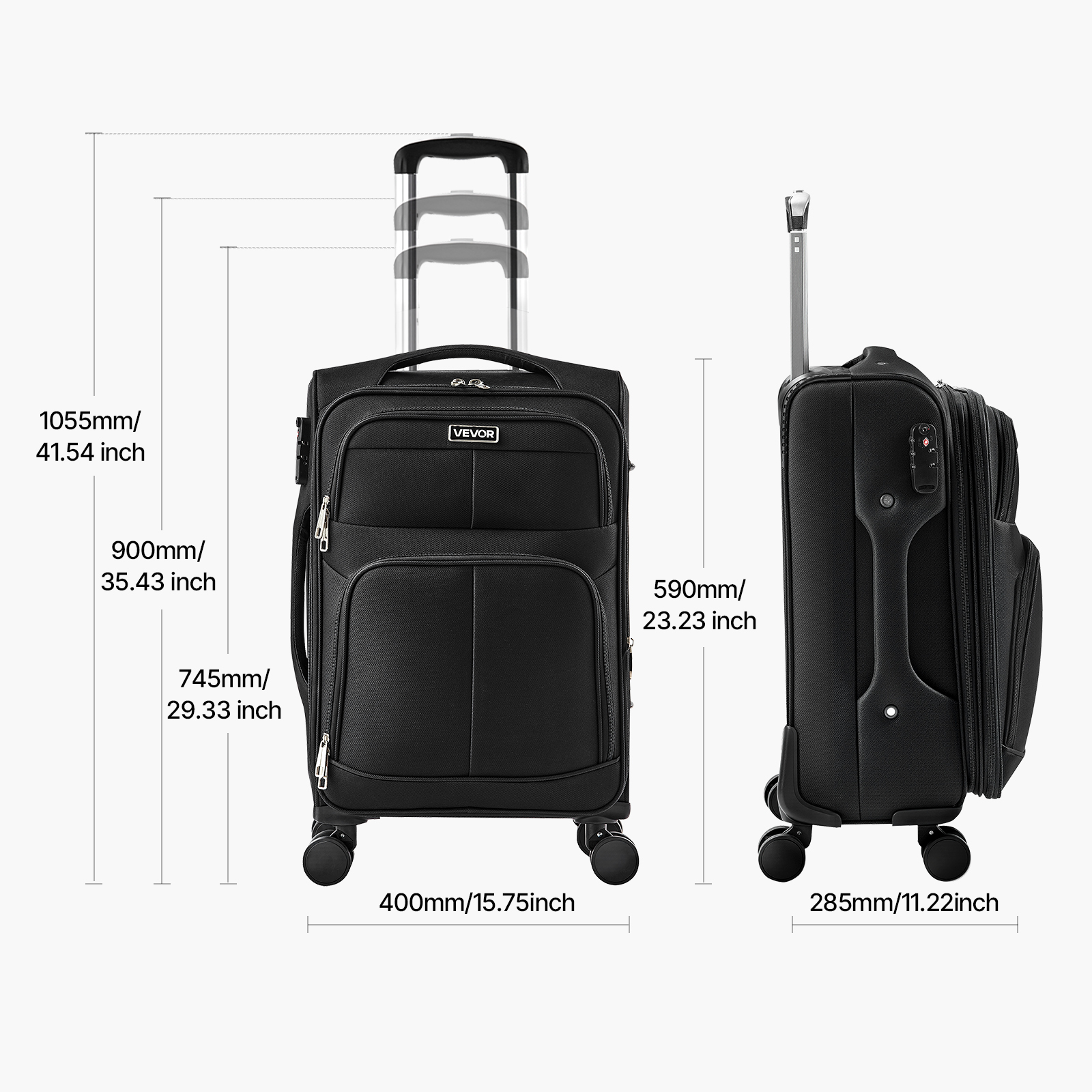 VEVOR Softside Expandable Luggage with Spinner Wheels, 20-Inch Softside Carry on Luggage, Lightweight Checked Suitcase with Expandable Zippered Pocket and TSA Lock, Black