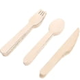 thumbnail image 1 of Paquete de vajilla desechable de madera con cuchillo y tenedor, cuchara y cubiertos para fiestas de cumpleaños y bodas (color madera), 24 unidades, 1 of 5