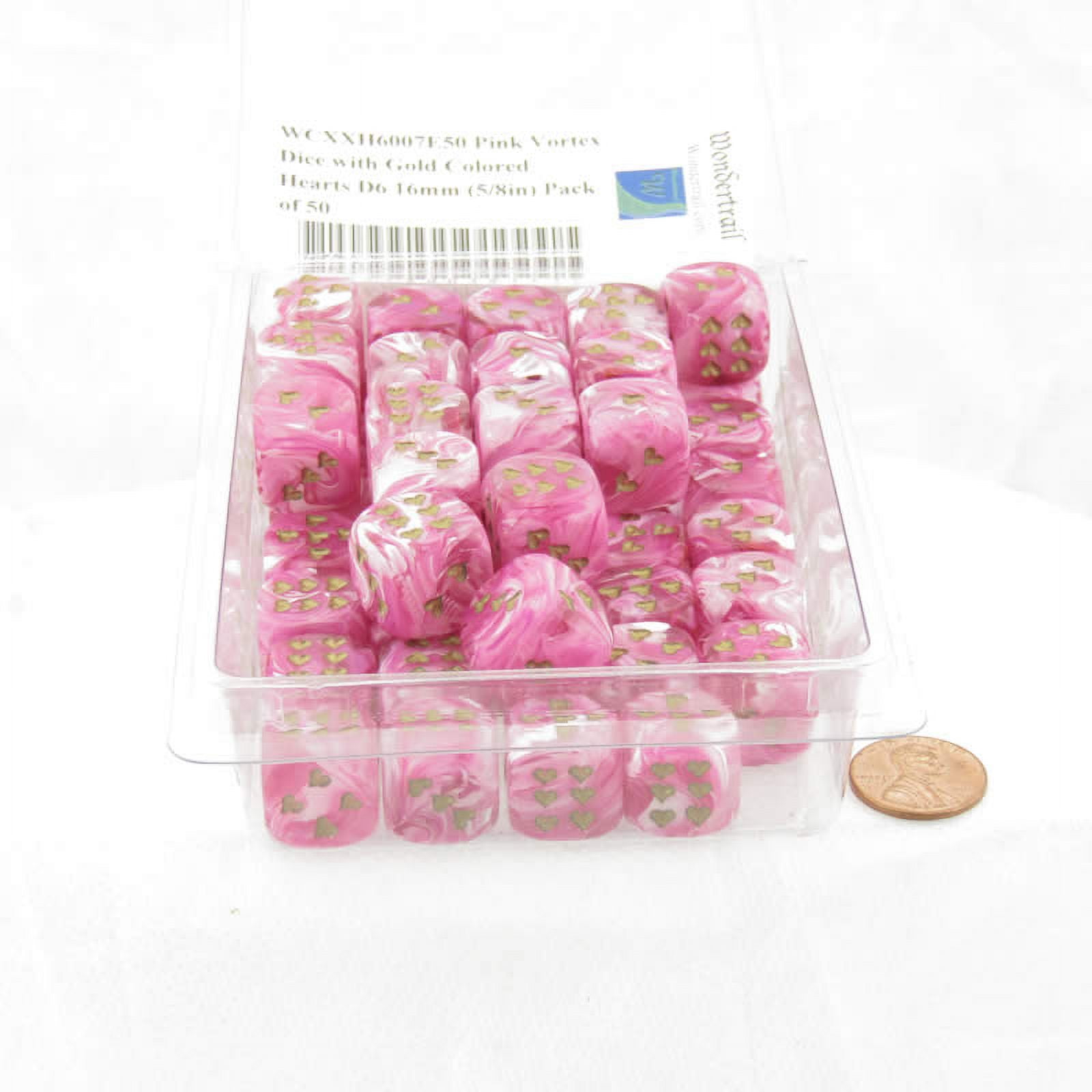 Pink Vortex Dice with Gold Colored Hearts D6 16mm (5/8in) Pack of 50 Wondertrail