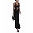 thumbnail image 2 of Summer Satin Lace V Neck Backless Maxi Dresses for Women Elegant Sleeveless Open Back Cocktail Dress Black S, 2 of 8