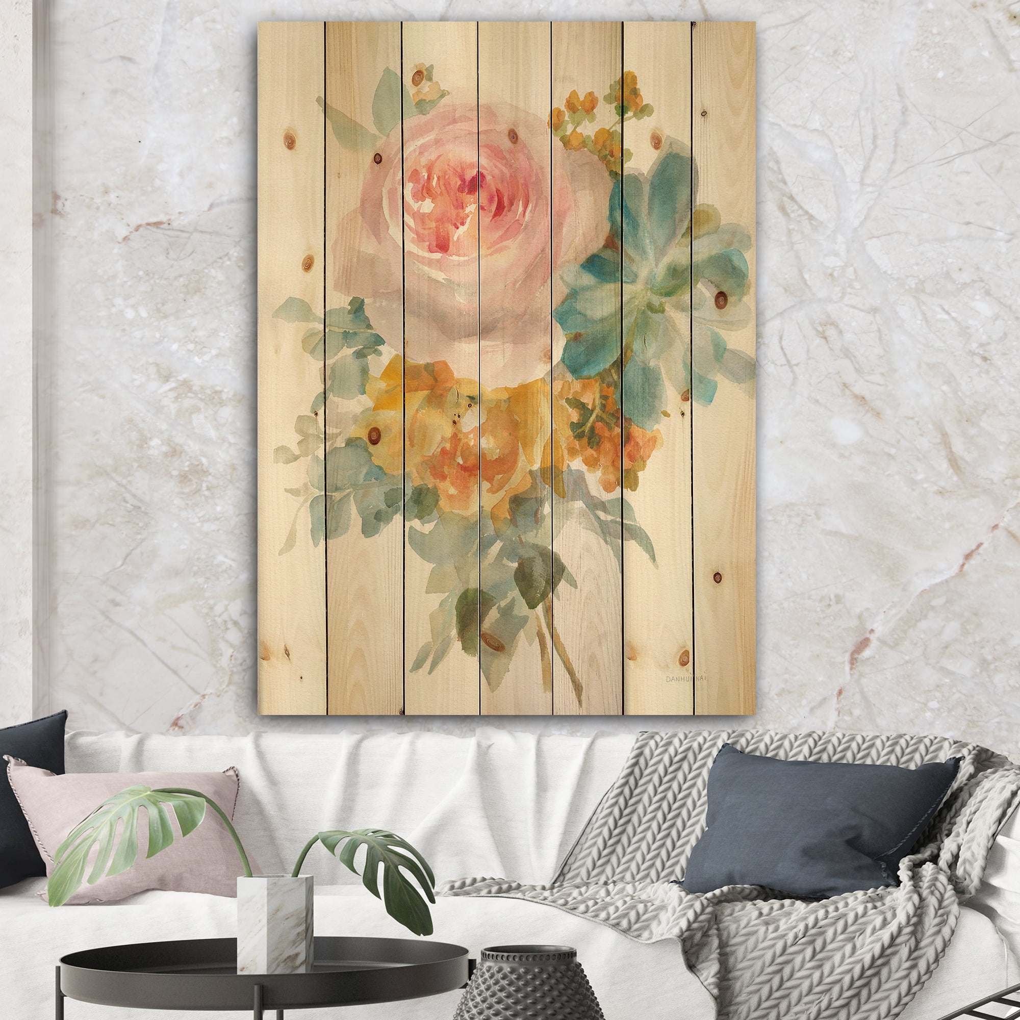 Designart 'Multicolor French Bouquet I' Farmhouse Print on Natural Pine Wood